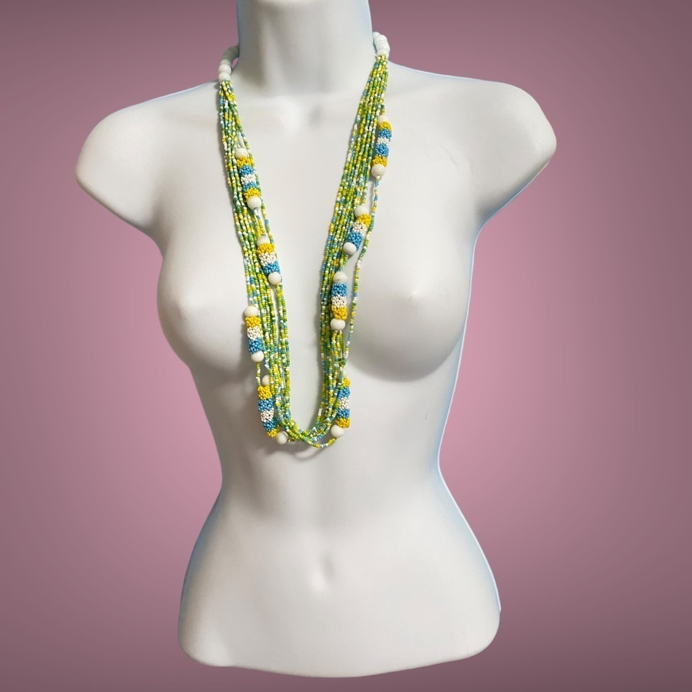 Glass Seed Beads Yellow Green Blue White Multi-Strand Long Necklace Artisan Made
